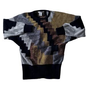 Vintage womens sweater Sz Large Metallic Lambswool black gold Silver Rosegold